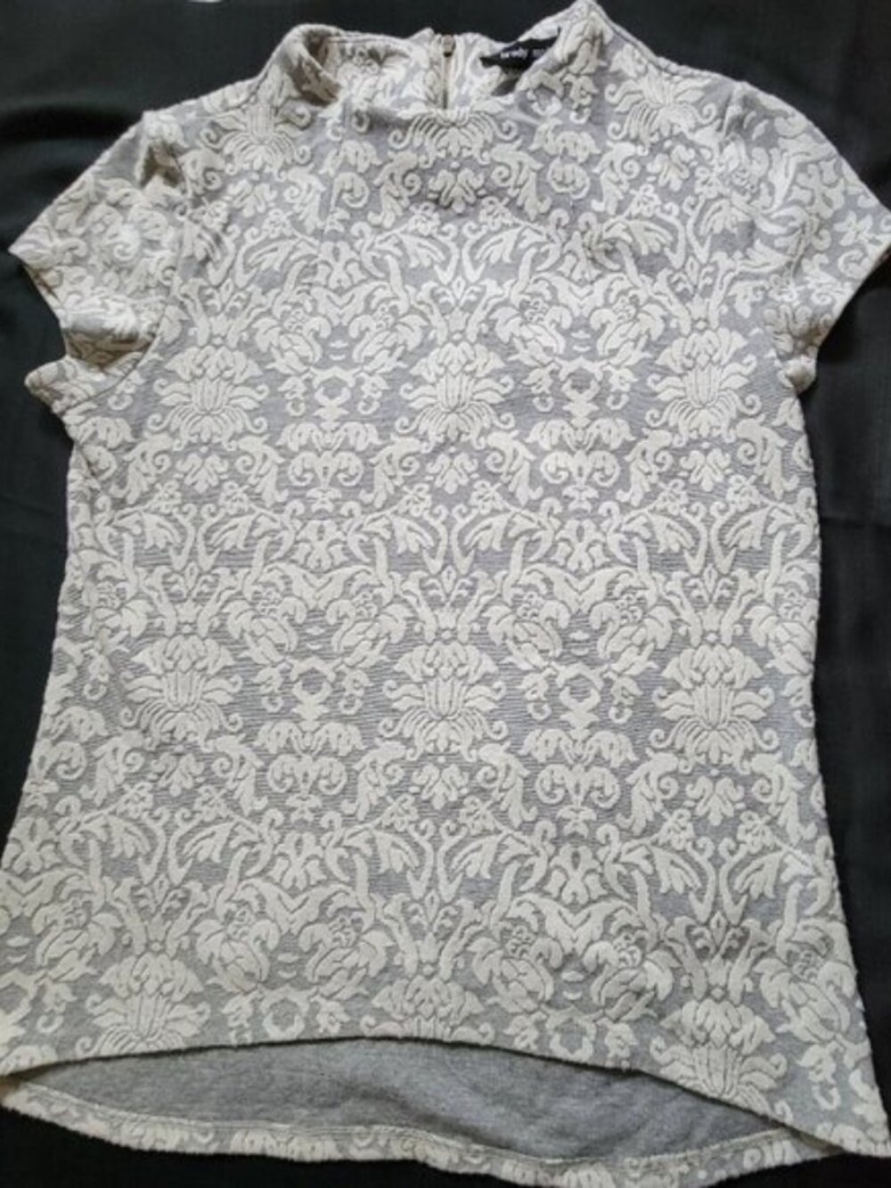 Grey and White Dressy Patterned Short Sleeve Top